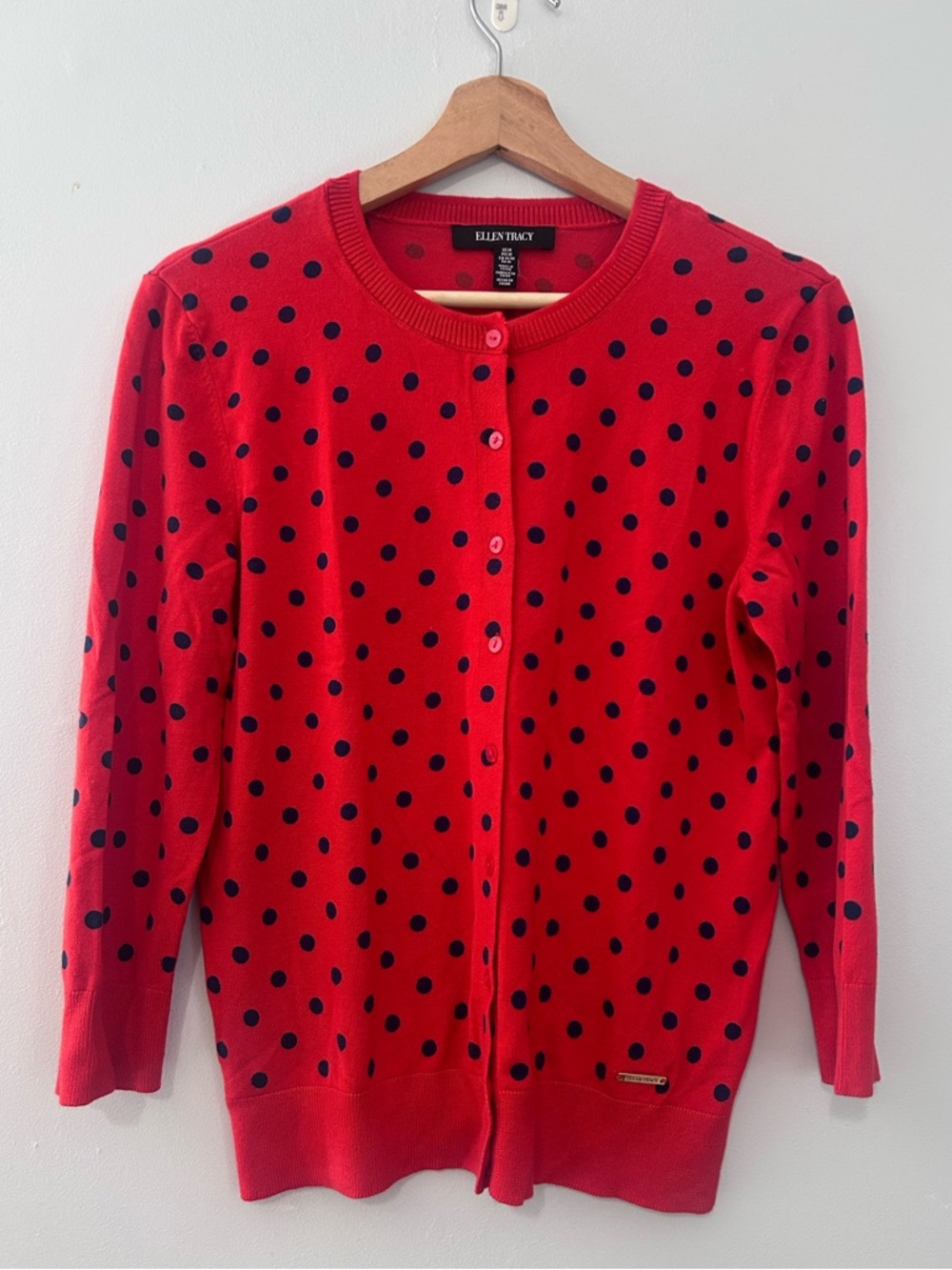 Ellen Tracy Red Cardigan with Navy Polka Dots M